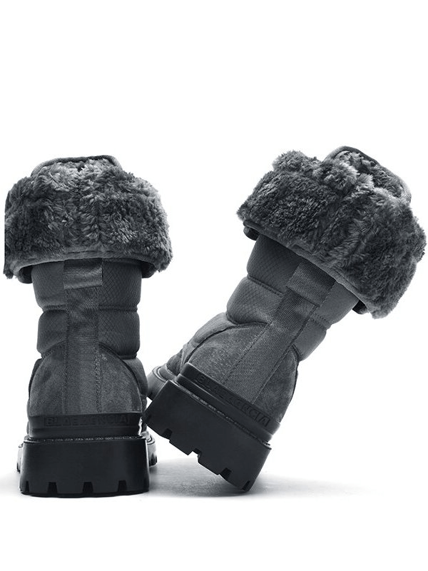 Rear view of leather waterproof non-slip hiking boots for men with fur, showcasing rugged rubber soles and plush, warm lining.